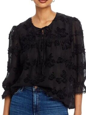 Koko + Mason Jewel Neck Frayed Applique Chiffon Floral Peasant Top Medium